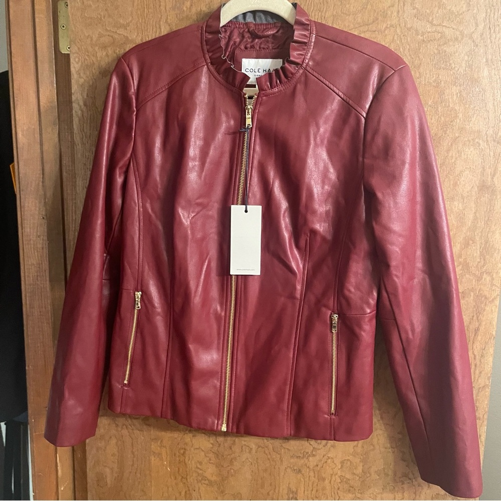Cole Haan Red Vegan Leather Zip Jacket Ruffle Collar Sz L - Picture 5 of 9